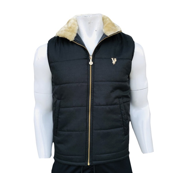 VR fur collar navy gilet